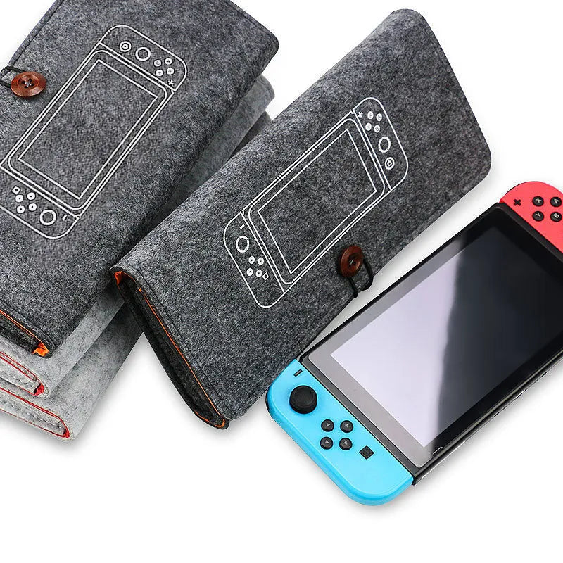 Black felt pouch for Nintendo Switch showing game card slots and double layer compartments