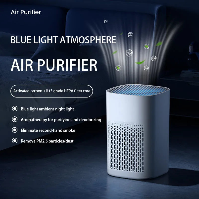 Simple style desktop air purifier with USB cable connection for office or home use.