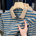 Men's striped casual short sleeve polyester t-shirt with mosaic pattern in red, blue, or green
