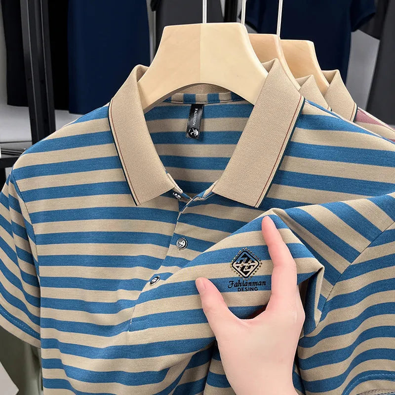 Men's striped casual short sleeve polyester t-shirt with mosaic pattern in red, blue, or green