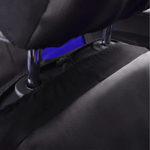 Black artificial leather car seat covers installed on front and rear seats of a vehicle