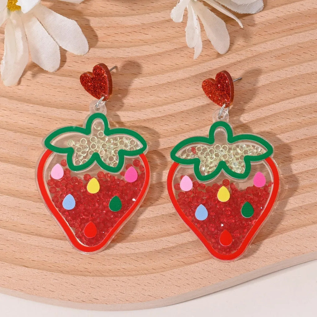 Colourful acrylic earrings with cherry, strawberry, watermelon, pineapple, coconut tree, cake, and ice cream designs for women.