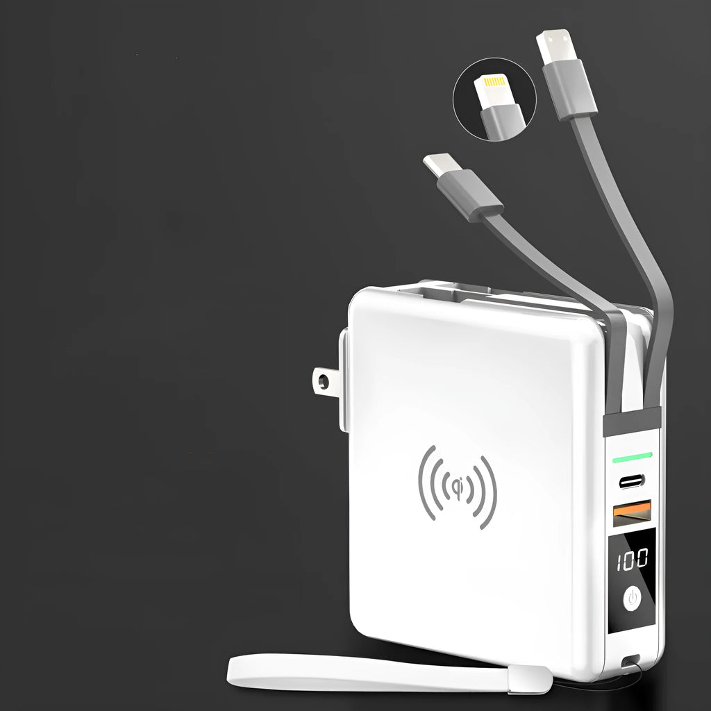 Super QI wireless charging power bank with PD20W fast charging and international plug set in black colour