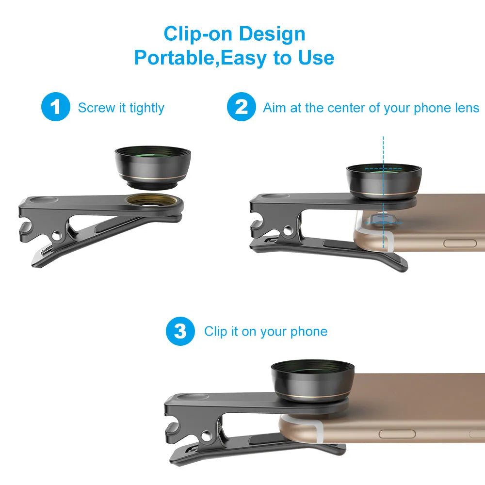 Black 6-in-1 smartphone lens kit with fisheye, macro, wide-angle, telephoto lenses and filters in EVA case