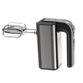 Silver mini electric hand mixer with stainless steel beaters on a 5-speed control dial.