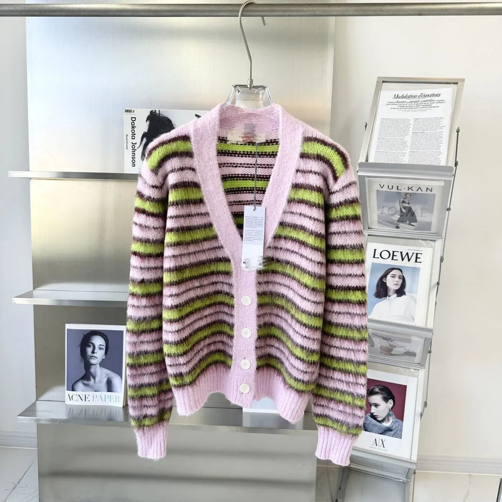 Pink women's wool knitted cardigan in socialite style with regular sleeves.
