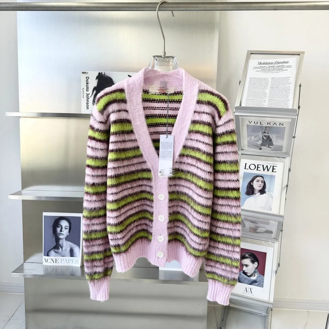 Pink women's wool knitted cardigan in socialite style with regular sleeves.
