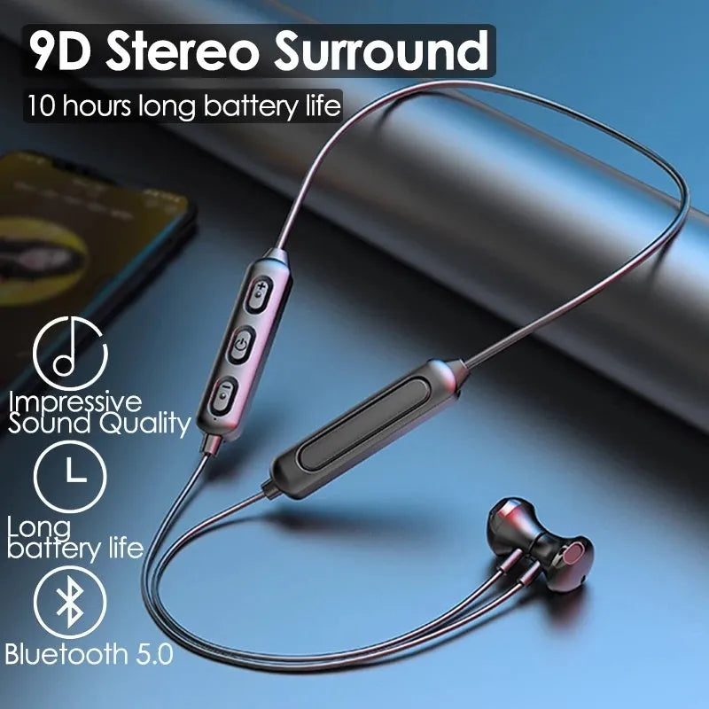 Black neck-mounted wireless sports earphones with Bluetooth 5.0 and custom logo printing capability