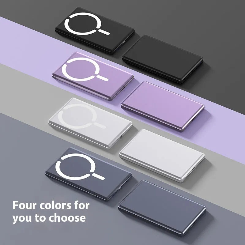 Ultra-thin magnetic power bank in alloy shell showing dark grey, silver, black and violet colour options