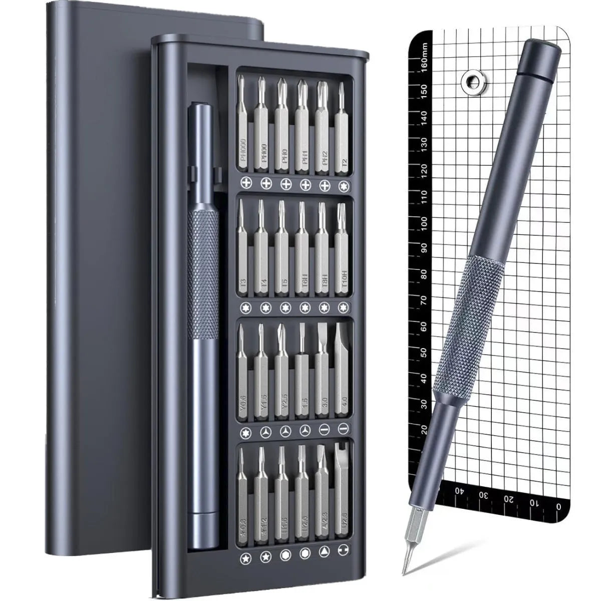 25-in-one magnetic screwdriver set with knurled handle and chrome vanadium steel bits.