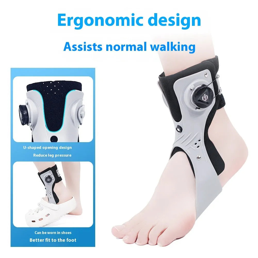 Grey ankle support brace with an airbag button adjustment system shown on a foot.