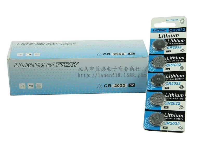 CR2032 3 volt lithium button battery cell shown on a card, 20mm diameter.