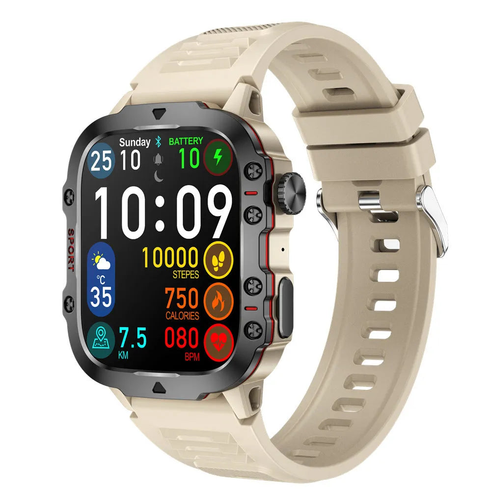 QX11 smartwatch with 50mm touch screen showing heart rate and step count display on wrist.