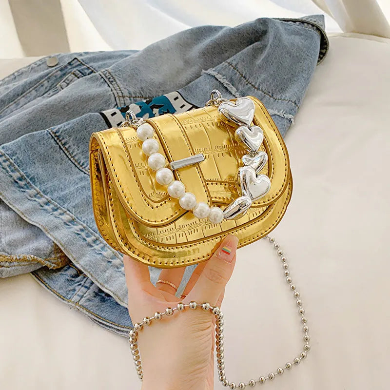 Laser pearl tote saddle girl mini crossbody bag in horizontal square shape with single strap