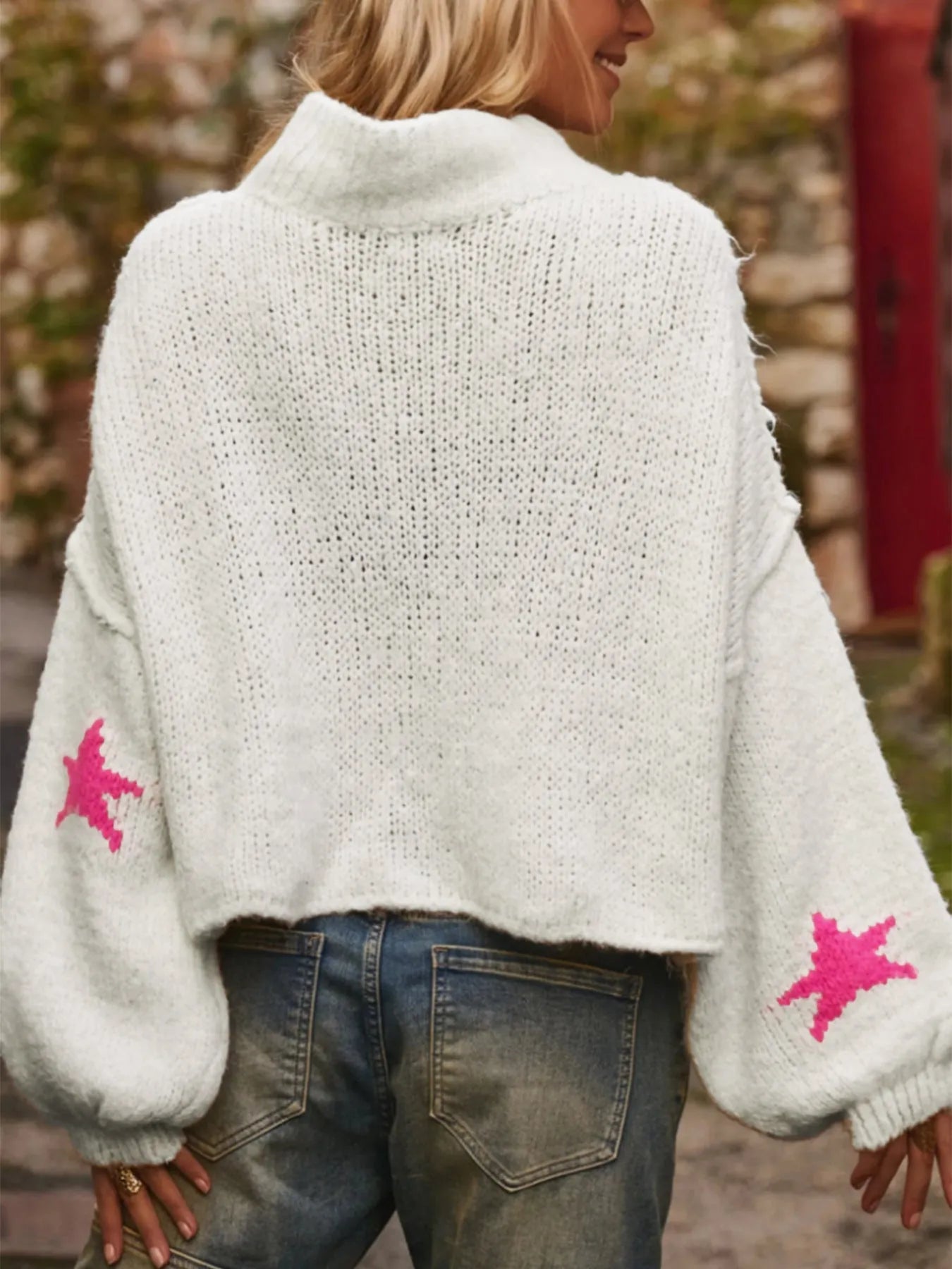 White women's turtleneck pullover with five-pointed star pattern and imitation velvet fabric
