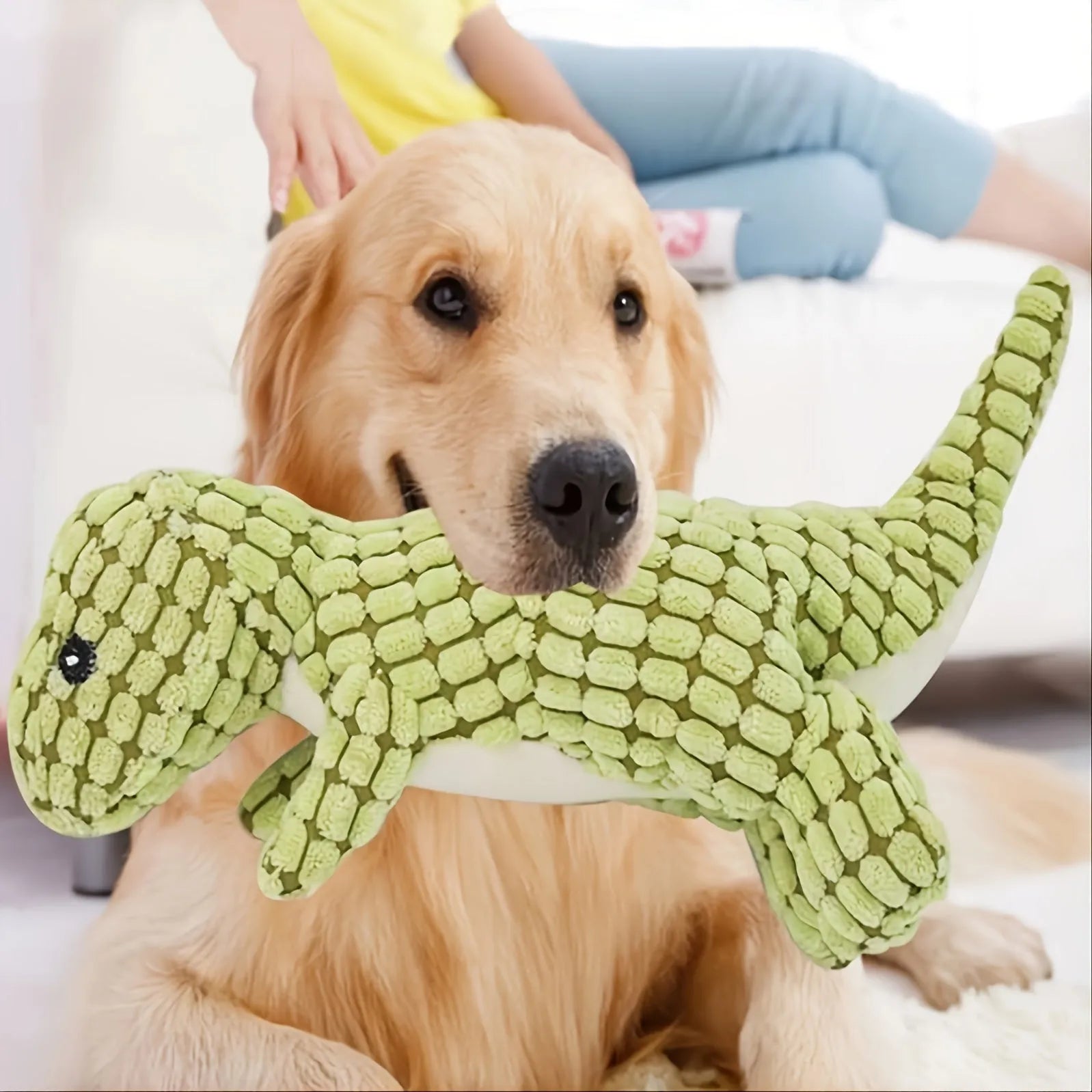 Set of four grey, green, and orange dog chew toys that produce sound, shown with size scale.
