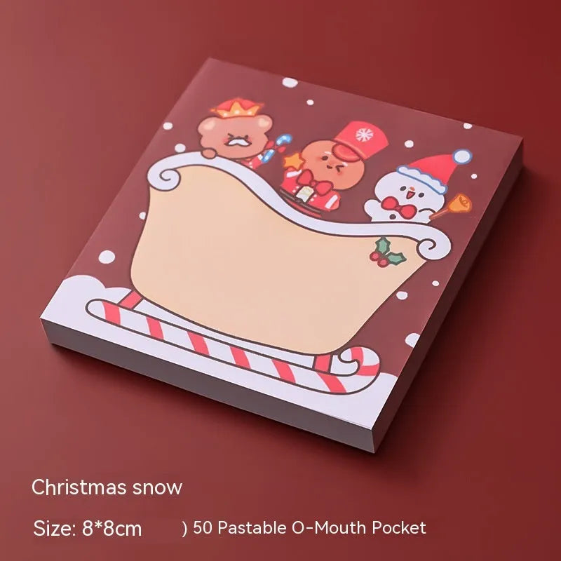 A5 Christmas sticky notes featuring eight designs including bear, elf, gift, and Santa Claus