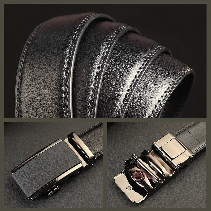 Men's genuine two-layer cowhide leather automatic buckle belt with embossed patent finish and electroplated alloy buckle