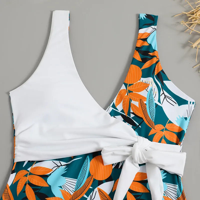 Women's high waist one-piece bikini swimsuit with printed pattern