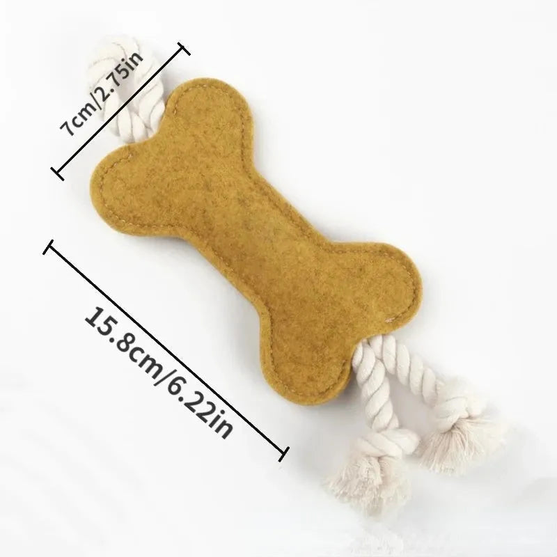 Blue bone-shaped dog toy made of felt with rope knots, shown on a white background.