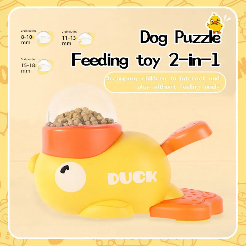 Yellow plastic dog puzzle feeder with cartoon duck design, battery-free interactive treat dispenser