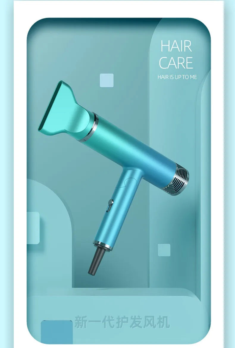 Green foldable hair dryer with collapsed handle next to a suitcase
