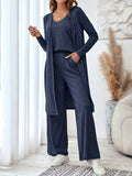 Blue women's three piece suit with sling top, long cardigan, trousers and suspenders in Japanese Korean casual style