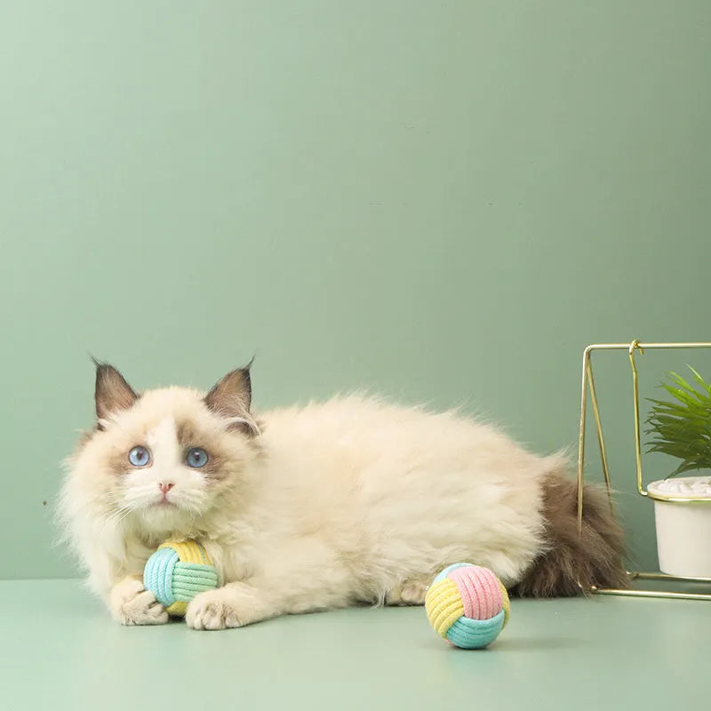 Handmade blue powder and green plush cotton ball cat toy for teeth grinding and play.