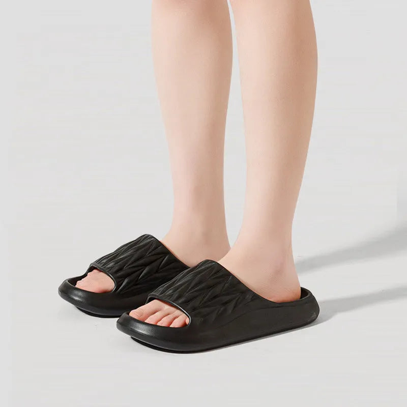 Leaf texture design EVA slippers in multiple colours showing non-slip patterned sole