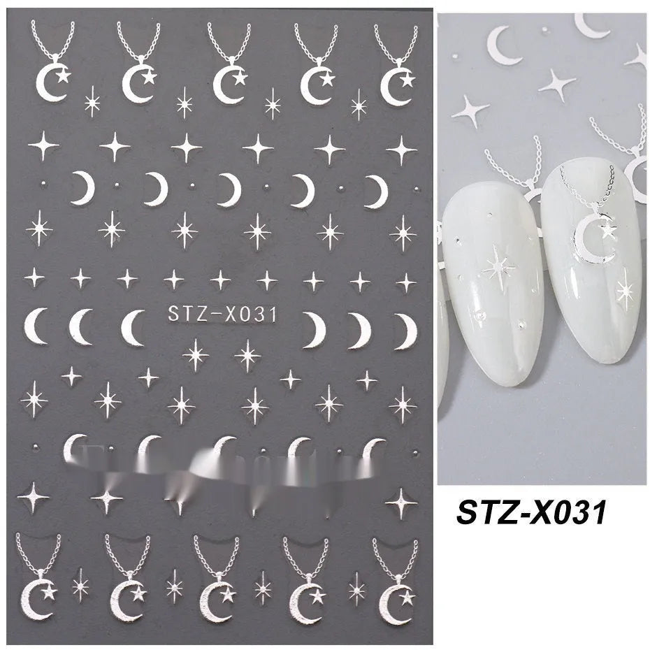 Set of 60 black and silver cartoon pattern nail strip stickers with plastic application patch.