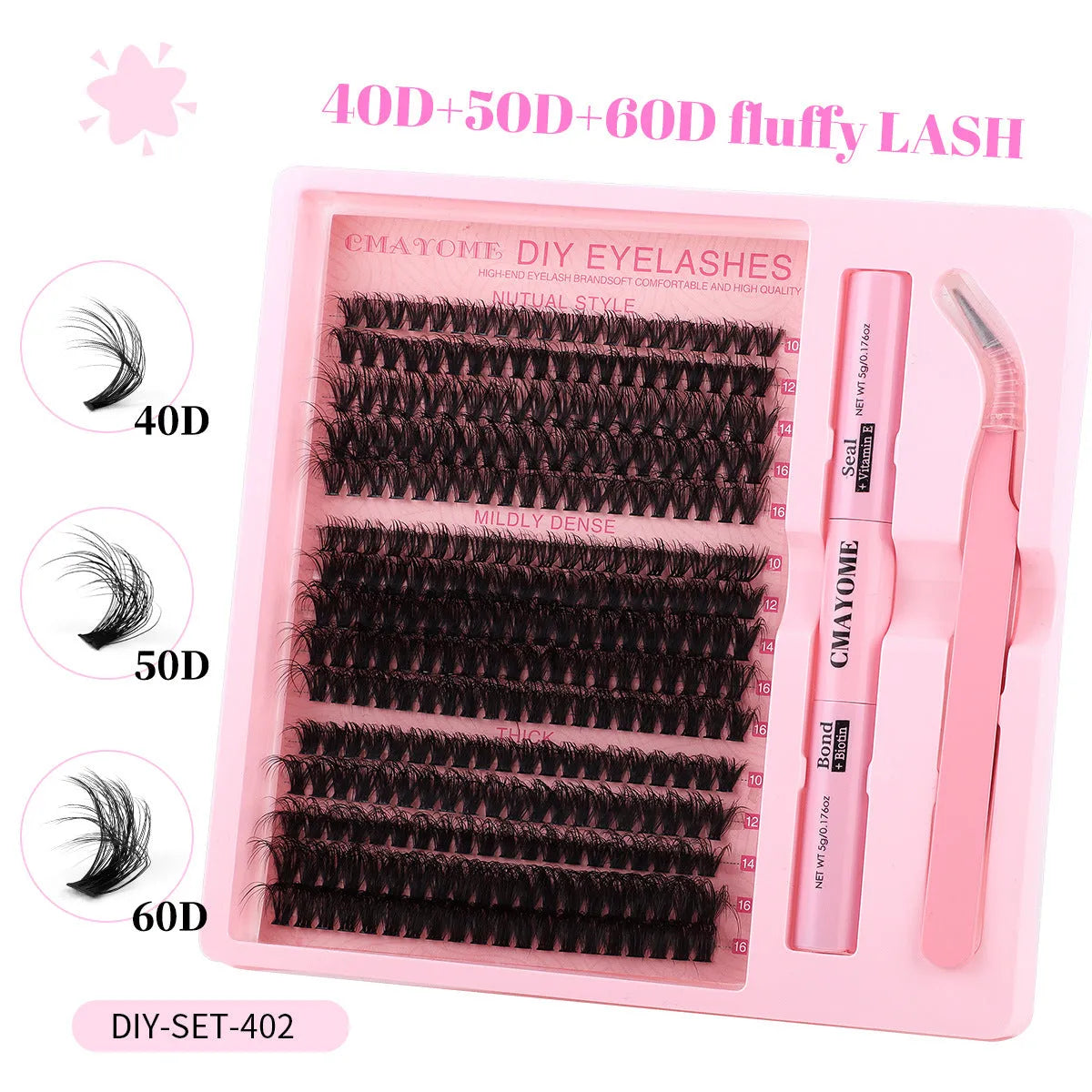 DIY false eyelash extension suit showing cluster segment lashes and application tweezers