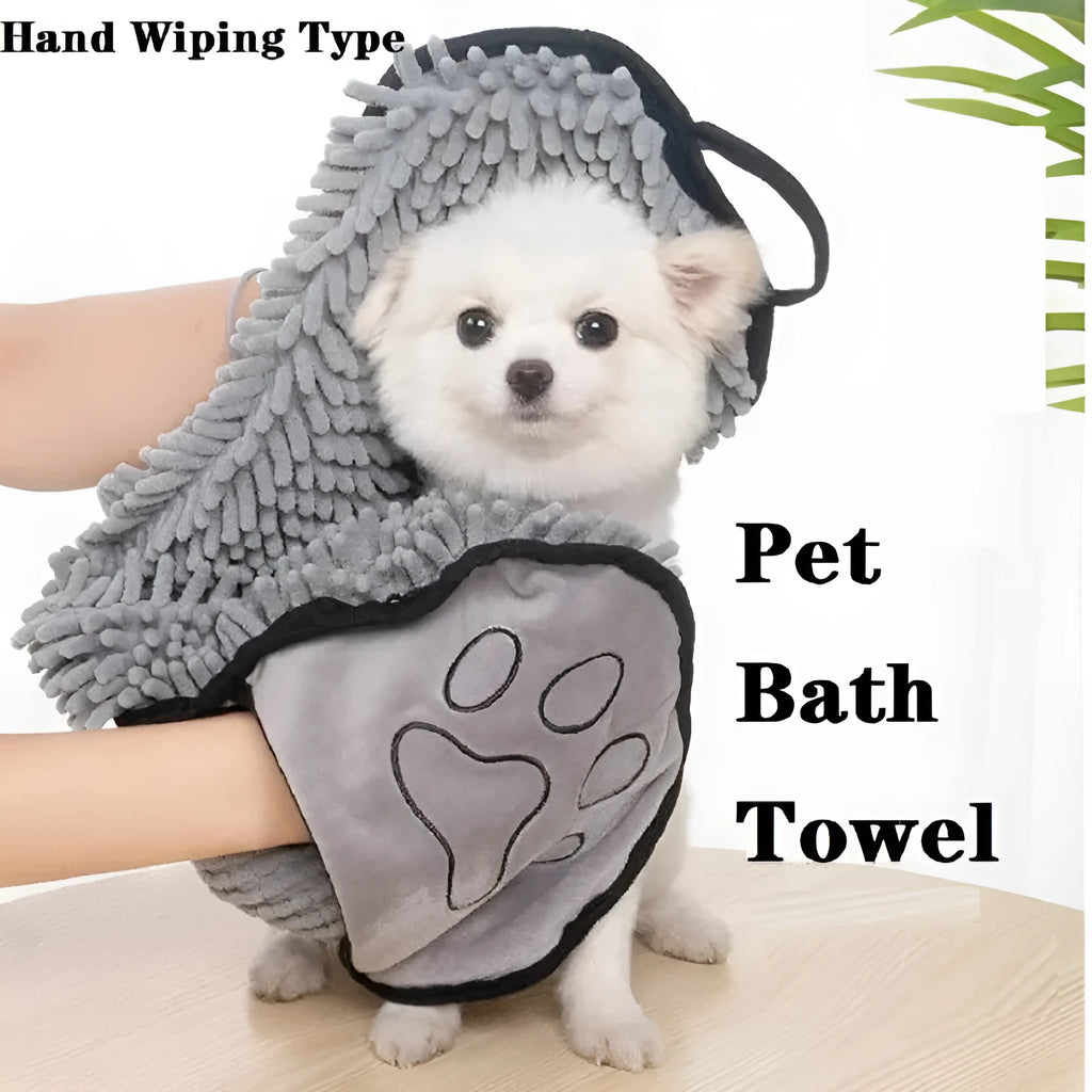 Blue pet bath robe towel for drying dogs and cats, shown with dimensions 62cm by 23cm.