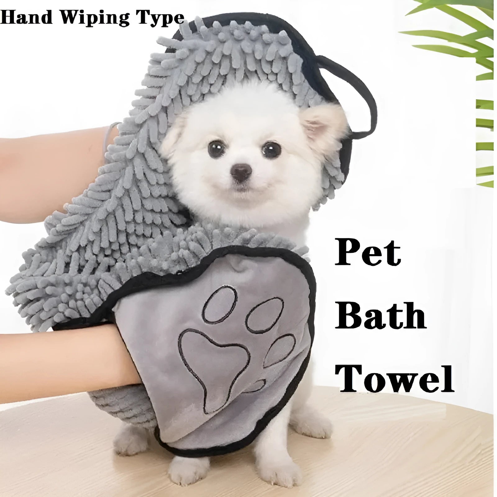 Blue pet bath robe towel for drying dogs and cats, shown with dimensions 62cm by 23cm.