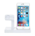 White 2-in-1 desktop charging dock station holding an iPhone and an Apple Watch for simultaneous charging.