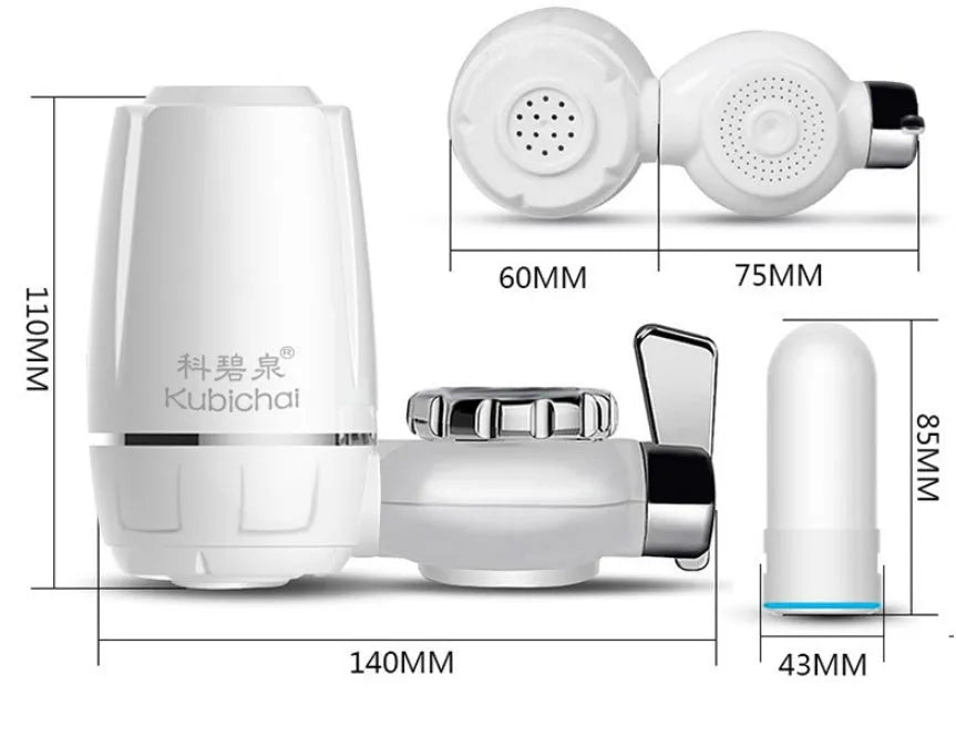 White plastic faucet water filter with ceramic cartridge and set of tap thread adapters