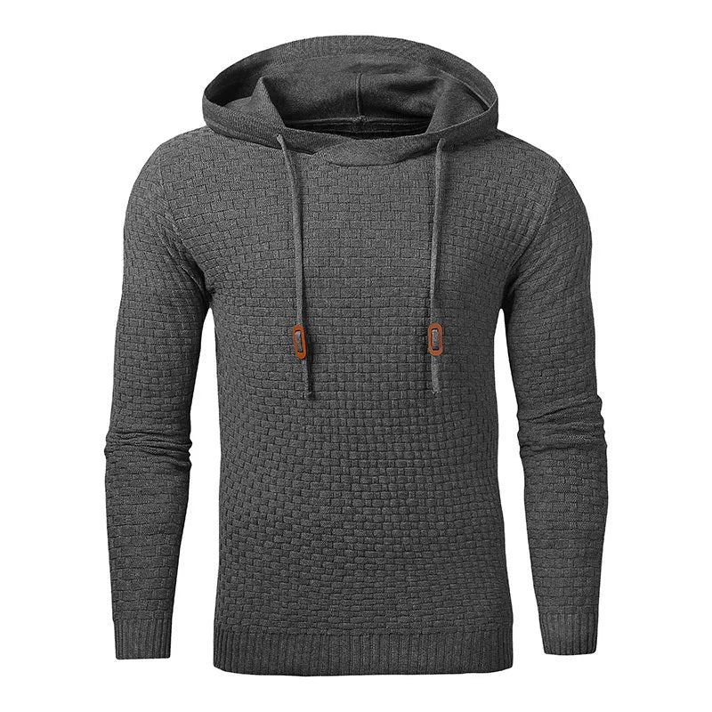 Men's black cotton-polyester blend hooded sweatshirt on a hanger