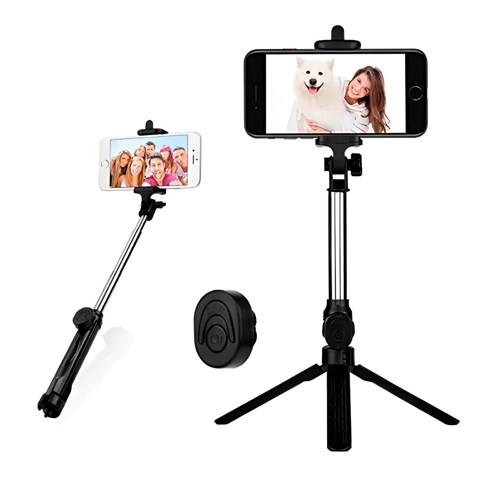 Bluetooth selfie stick tripod with remote control extended, showing adjustable phone clip in black colour.