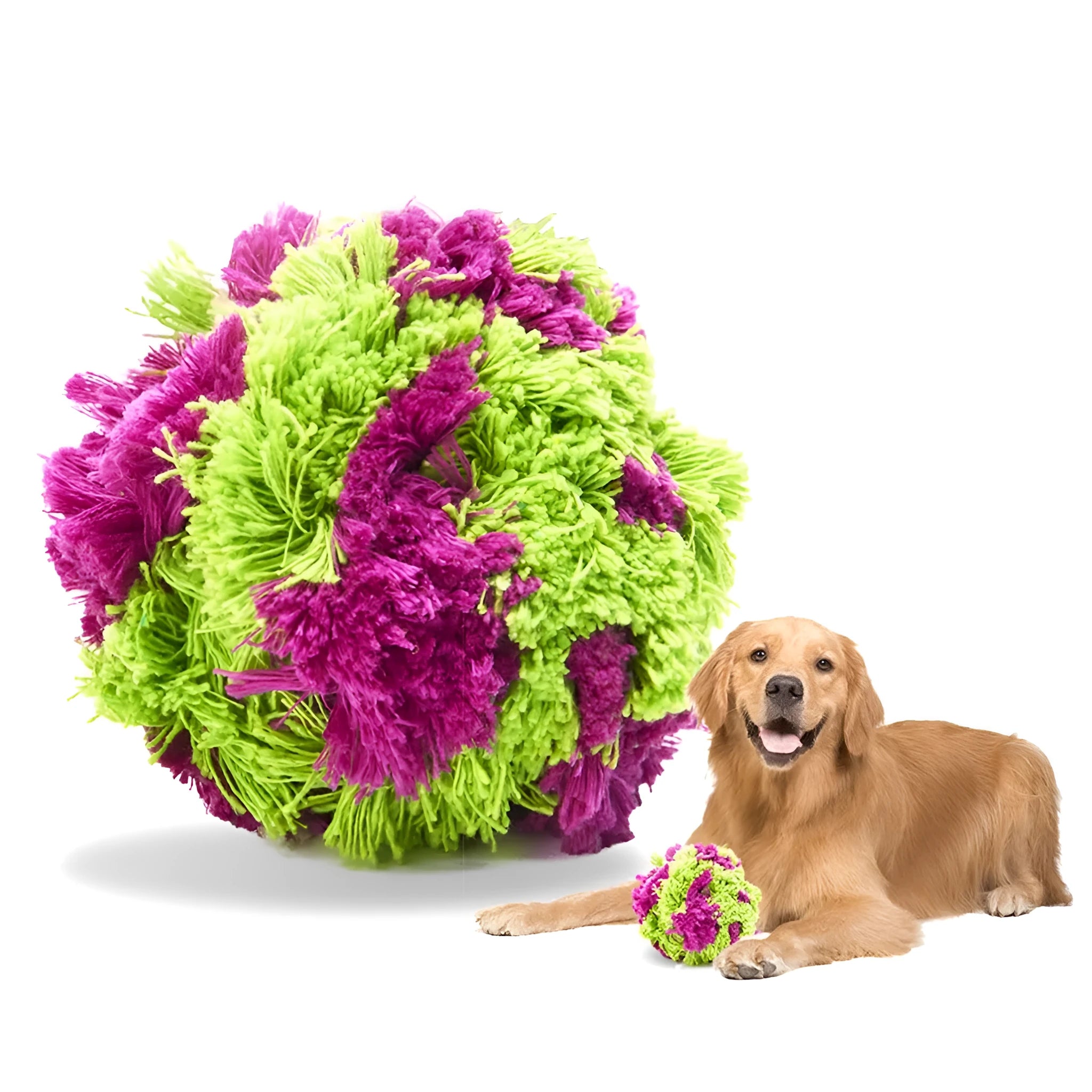 Purple seaweed-scented plush dog chew ball with knot design for teething and interactive play