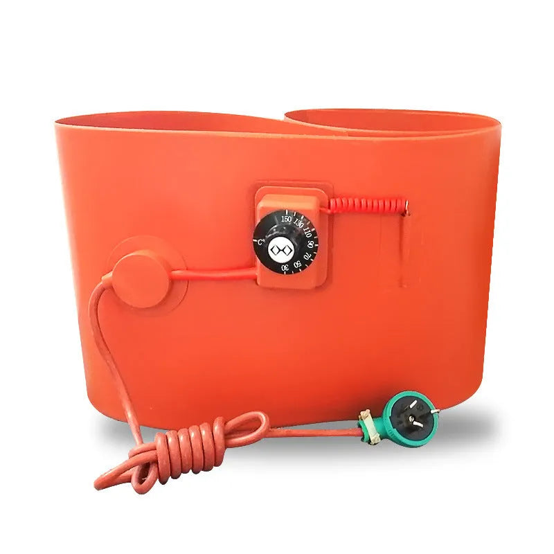 Silicone rubber heating belt wrapped around a 200-litre metal oil drum with digital control unit