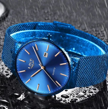 Men's stainless steel watch with 40mm case on adjustable strap in black, blue, or two-tone colour