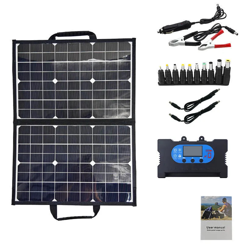Black 40W portable solar folding panel showing folded dimensions of 425x285x8mm with single crystal cells