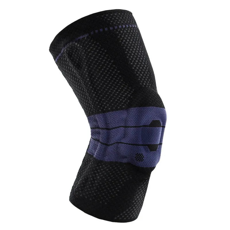 Adult sports kneepad in nylon and spandex for basketball running protection, showing black and blue colour option