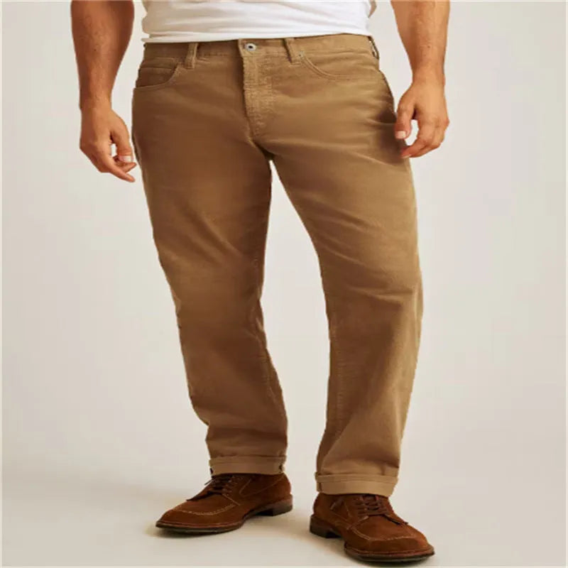 Corduroy casual straight trousers in solid colours with mid waist and zip fly design