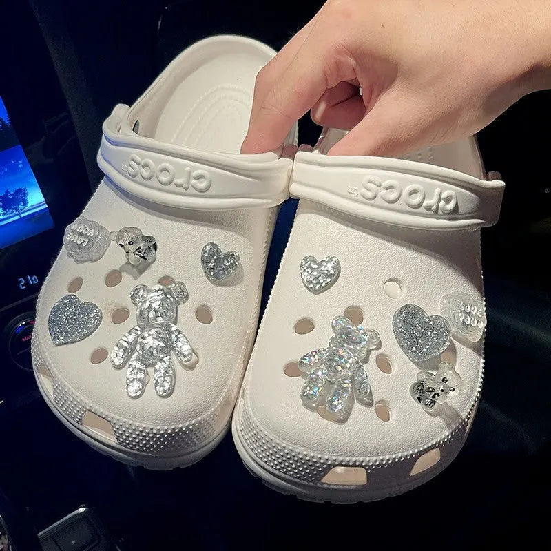 Crystal bear shoe buckle set on sneakers with resin plush material 1.2cm diameter