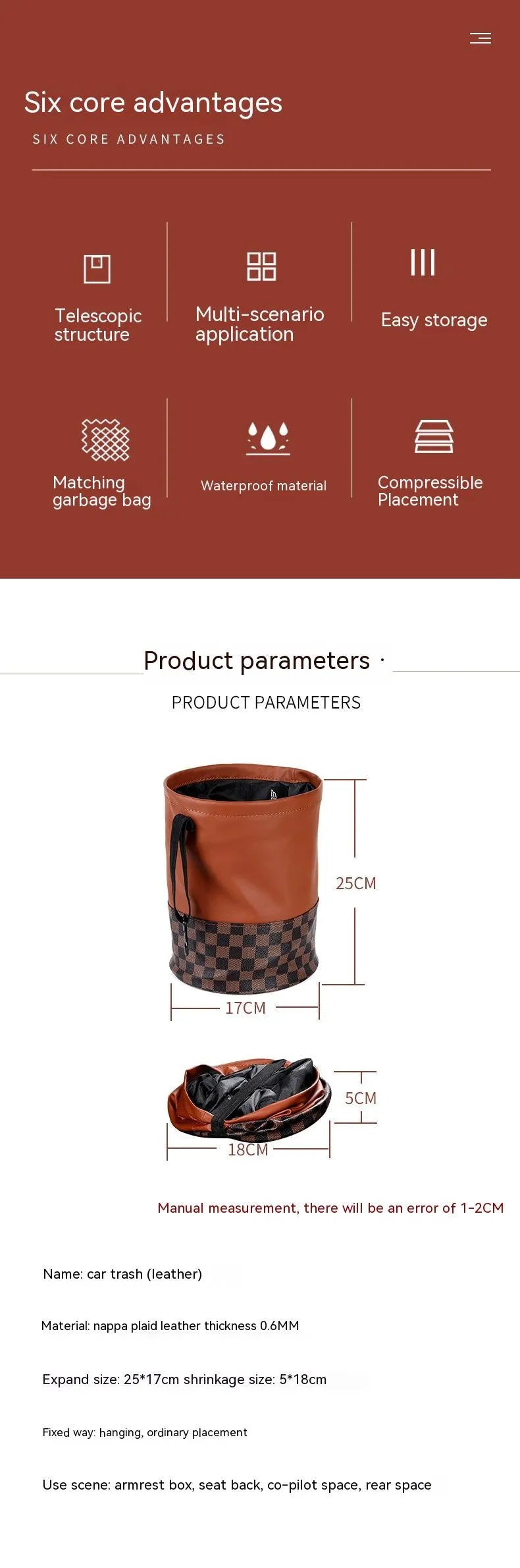 Retractable leather car trash can with waterproof lining and carry handle shown in vehicle