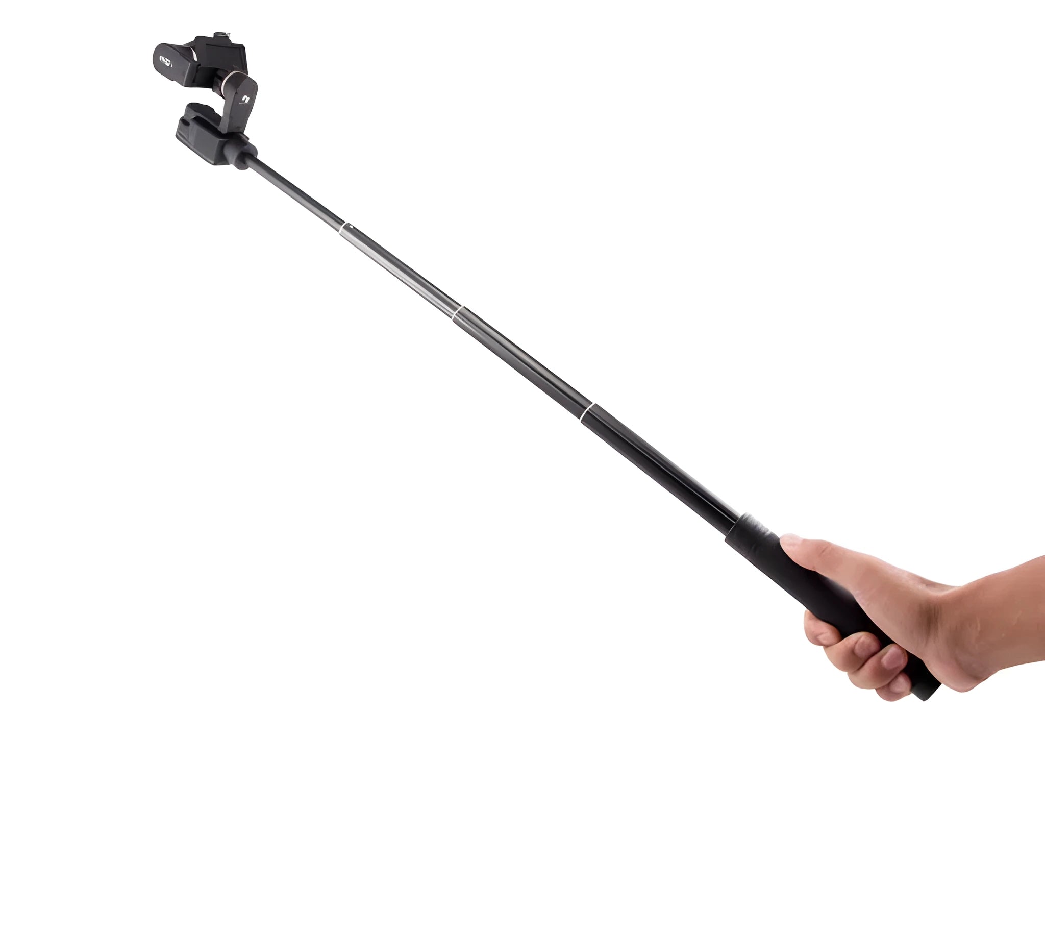 Black retractable extended selfie stick with smartphone clamp and adjustable tripod base