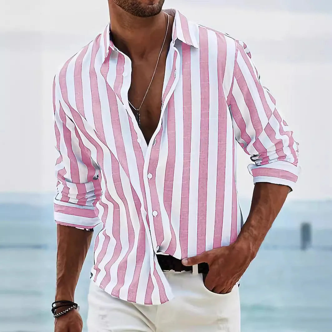 Men's yarn-dyed striped casual shirt in British cardigan style with loose fit and long sleeves