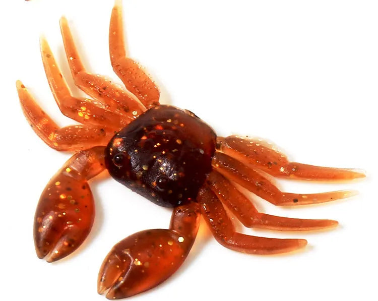 PVC soft crab fishing lure measuring 8cm in brown and red colour variations