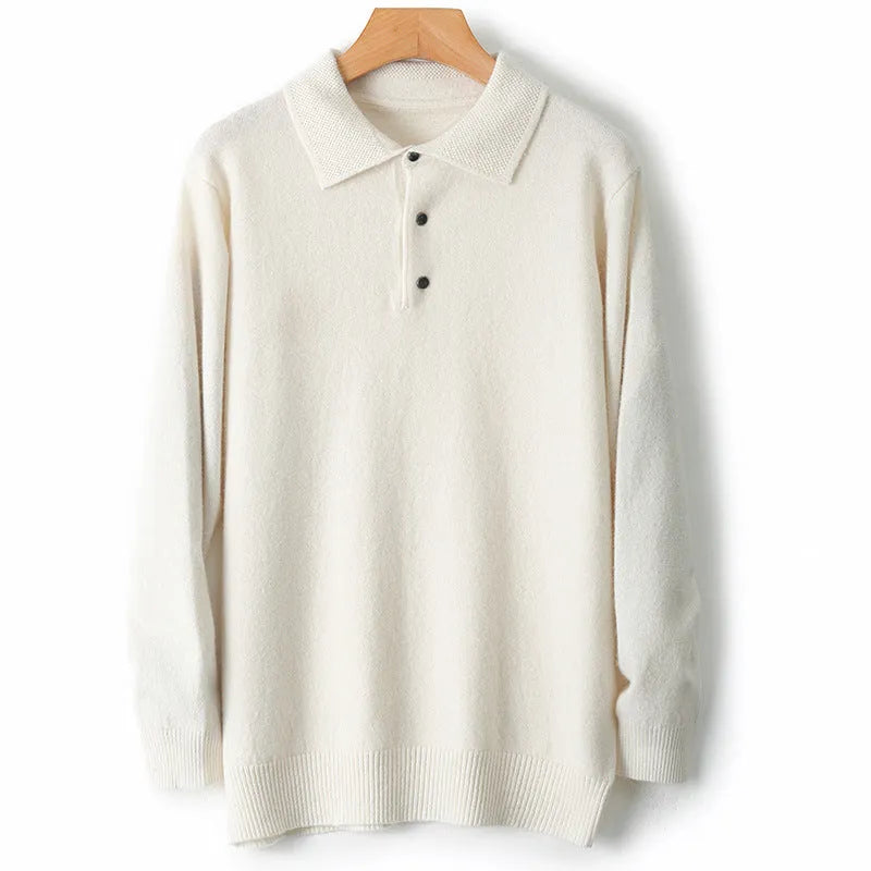 Men's wool polo collar sweater in seven colours with long sleeves and knit texture