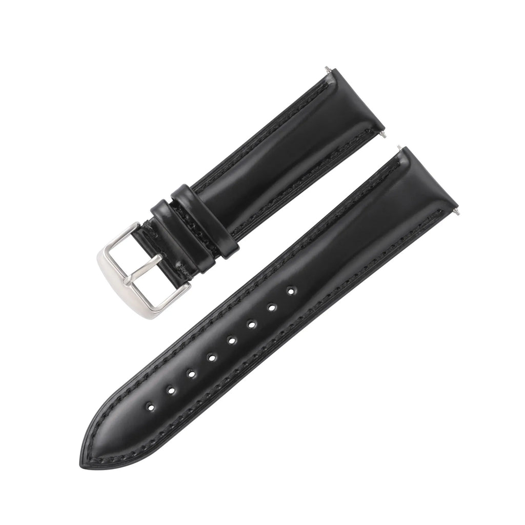 Quick-release leather watch strap in bright cowhide, shown in multiple colour and width options.